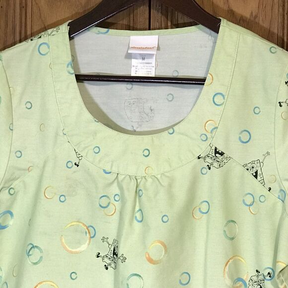 Nickelodeon SpongeBob SquarePants Top Women's M Lime Cotton Poly Scrubs Pockets - Picture 3 of 9